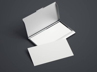 Beyaz boş kartvizit ile gümüş durum. 3D render