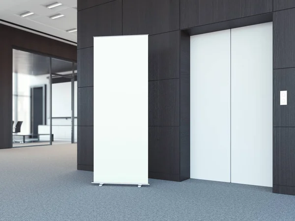Blanco roll up bunner en el moderno vestíbulo de la oficina. renderizado 3d —  Fotos de Stock