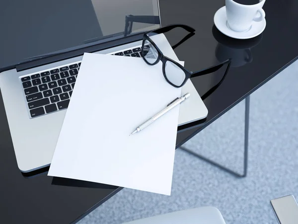 Офисный стол с ноутбуком и белым листом бумаги. 3d-рендеринг — стоковое фото