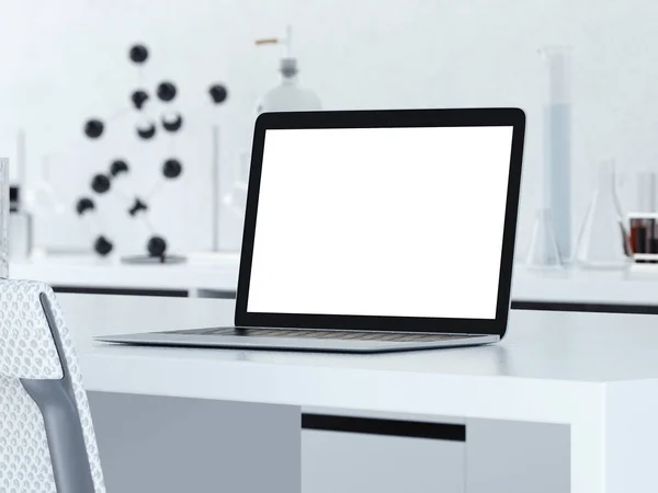 Современное рабочее место с открытым ноутбуком. 3d-рендеринг — стоковое фото