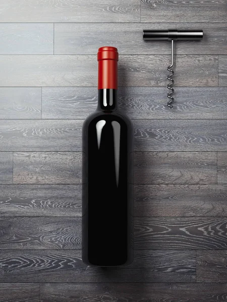 Вино и серебряный штопор. 3d-рендеринг — стоковое фото