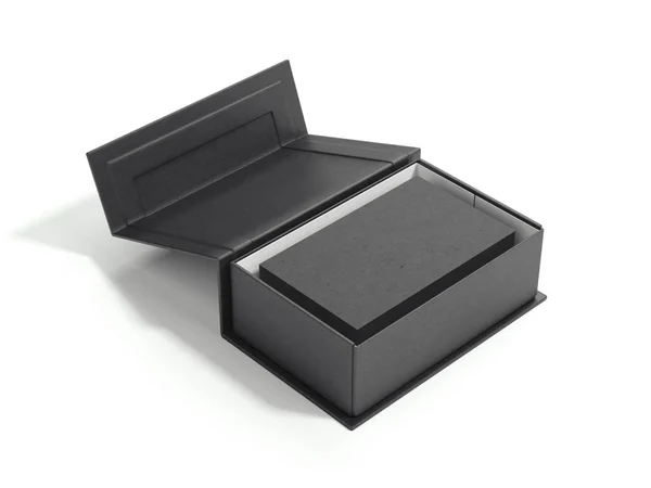 Geöffnetes schwarzes Paket mit Stapel Visitenkarten. 3D-Darstellung — Stockfoto
