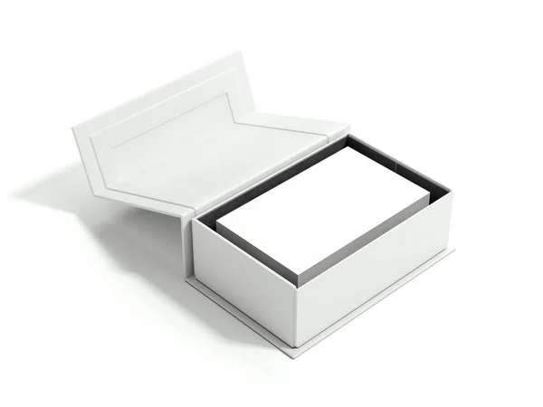 Geöffnetes weißes Paket mit Stapel Visitenkarten. 3D-Darstellung — Stockfoto