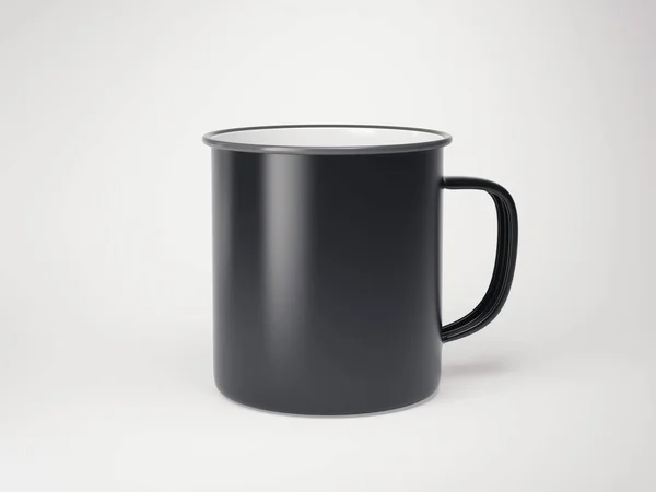 明るい床に黒い空白エナメル マグカップ。3 d レンダリング — ストック写真