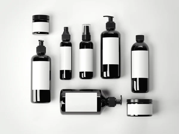 Set von schwarzen Schönheitskosmetikbehältern aus Kunststoff. 3D-Darstellung — Stockfoto