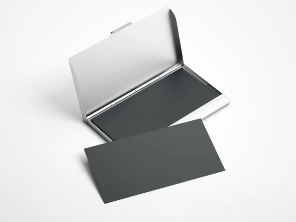 Металлический ящик с белыми визитными карточками. 3d-рендеринг — стоковое фото