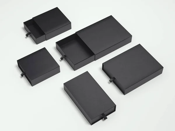 Geöffnete schwarze Pappverpackungen. 3D-Darstellung — Stockfoto