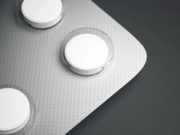 Blisterpackung mit Tabletten auf grauem Hintergrund. 3D-Darstellung — Stockfoto