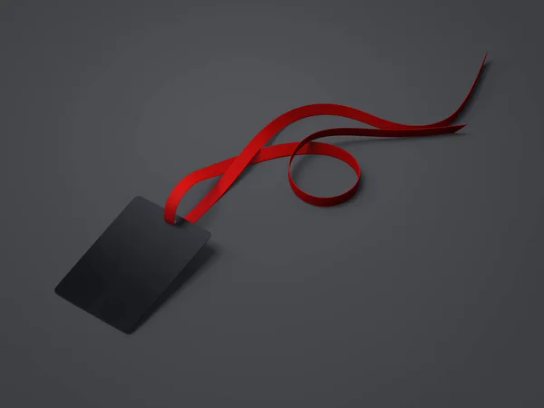 Black blank badge with neckband and red tape. 3d rendering — Stock Photo, Image