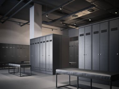 Siyah dolapları ile modern soyunma odası. 3D render