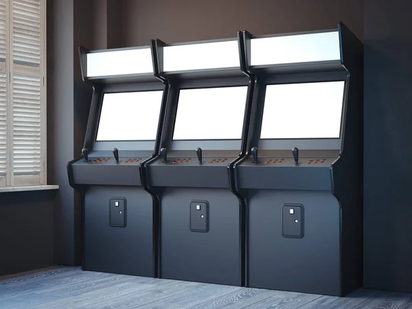 Three old gaming machines in a bright room. 3d rendering
