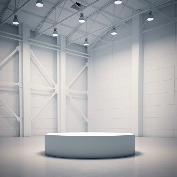 Vetrina vuota in luminoso hangar interno. rendering 3d — Foto Stock