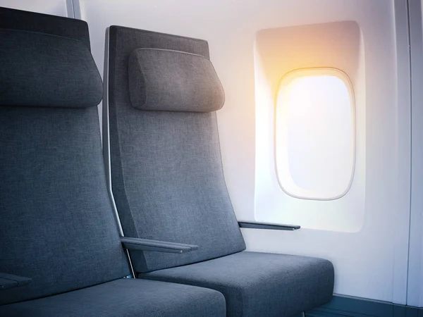 Airplane seats in the cabin with bright window. 3d rendering