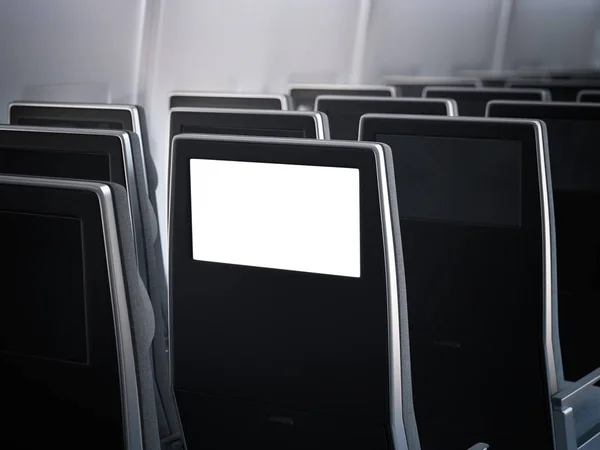 Monitor de aeronaves em branco no banco do passageiro. Renderização 3d — Fotografia de Stock
