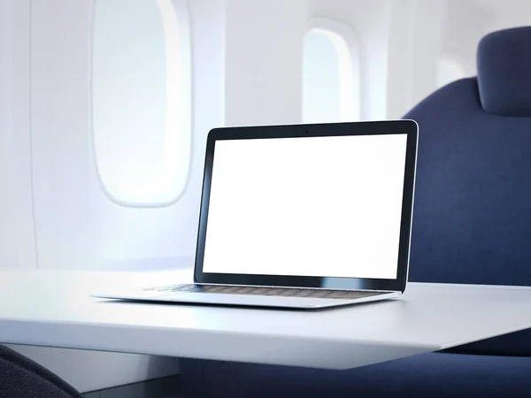 Laptop na mesa em cabine de avião. Renderização 3d — Fotografia de Stock