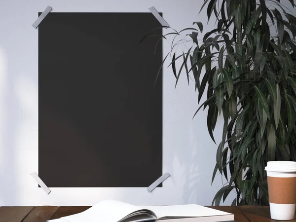 Cartel negro en blanco en una pared cerca del lugar de trabajo. renderizado 3d — Foto de Stock