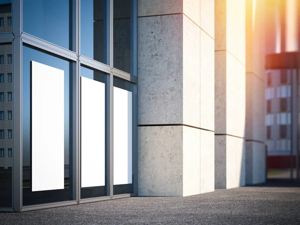 White poster in windows of modern office building. 3d rendering — Stock Photo, Image