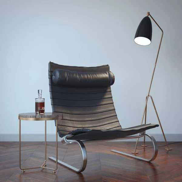 Interieur met zwarte stoel en lamp. 3D-rendering — Stockfoto