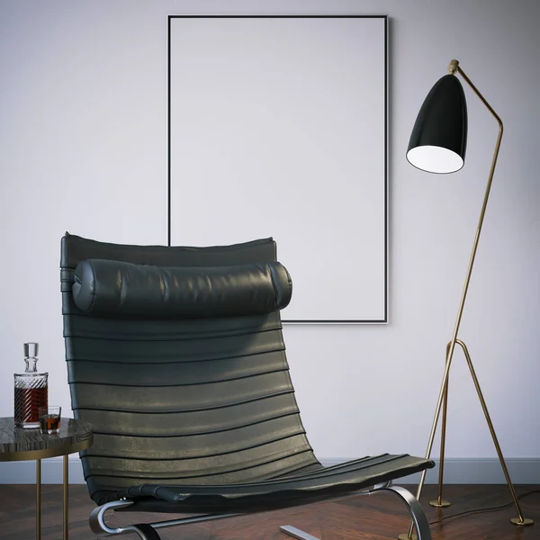 Interieur met witte leeg afbeeldingsframe. 3D-rendering — Stockfoto