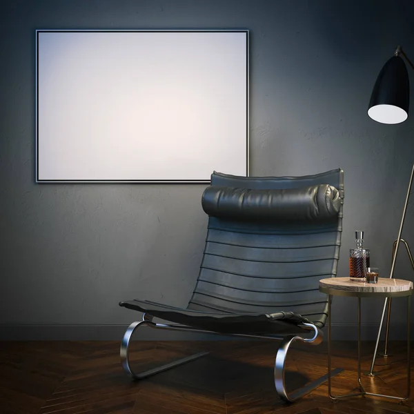 Dark interior white blank picture frame. 3d rendering — Stock Photo, Image