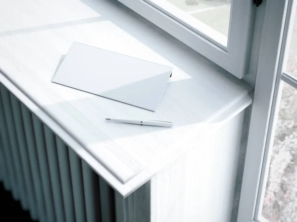 Envelope em branco no parapeito da janela. Renderização 3d — Fotografia de Stock