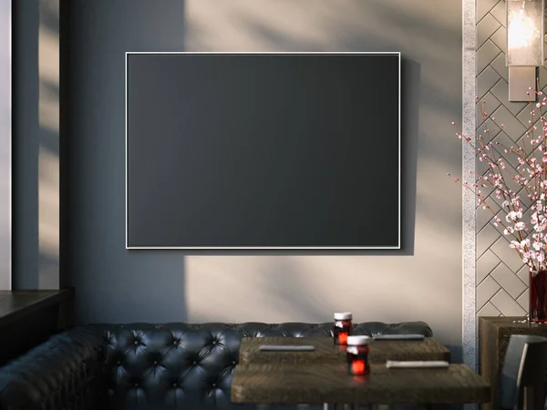 Interior del restaurante con lienzo negro en una pared. renderizado 3d — Foto de Stock
