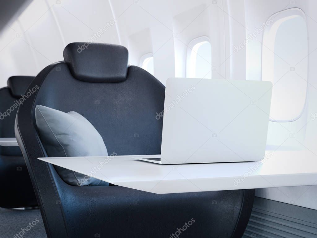 Luxury private airplane interior with laptop. 3d rendering