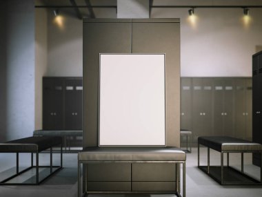 Boş poster soyunma odasında bir bankta. 3D render