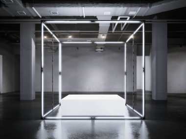 Beyaz podyum ile modern parlayan vitrin. 3D render