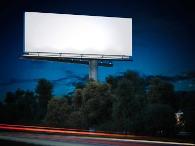 Geceleri parlayan boş billboard. 3D render