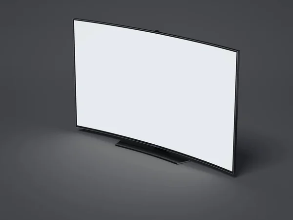 Gebogen tv-scherm op donkere vloer. 3D-rendering — Stockfoto