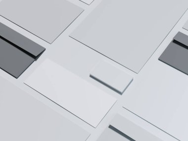 Gri karanlık zarflarla mockup marka. 3D render