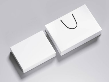 Beyaz boş kutu ve alışveriş çantası. 3D render