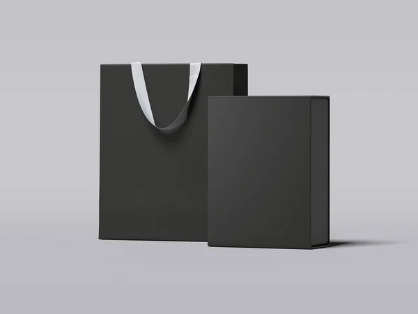 Caja negra y bolsa de compras de lujo. renderizado 3d — Foto de Stock