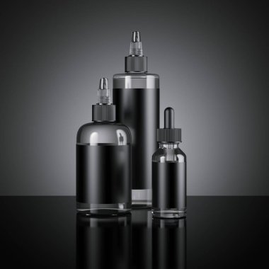 Vape suyu şişeleri ile siyah etiket kümesi. 3D render