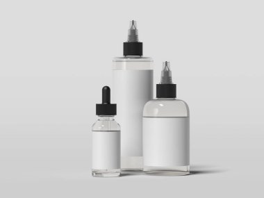 Şişe ile beyaz etiket kümesi. 3D render