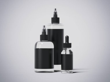 Şişe ile siyah etiket kümesi. 3D render