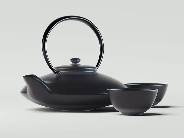 Tetera negra con dos tazas. renderizado 3d — Foto de Stock