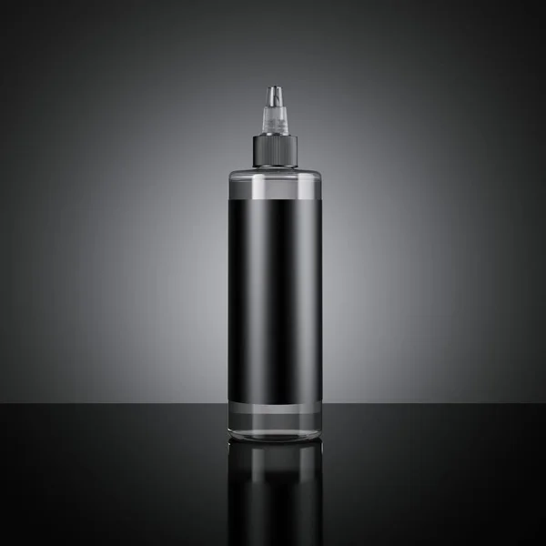 Black plastic bottle with label. 3d rendering — Stock Photo, Image