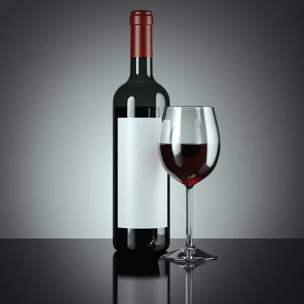 Láhev červeného vína a skla. 3D vykreslování — Stock fotografie