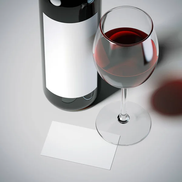 Tarjeta de visita con botella de vino tinto y copa. renderizado 3d —  Fotos de Stock