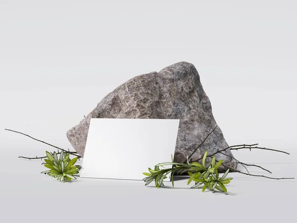 Prázdná bílá vizitka poblíž stone a listy. 3D vykreslování — Stock fotografie