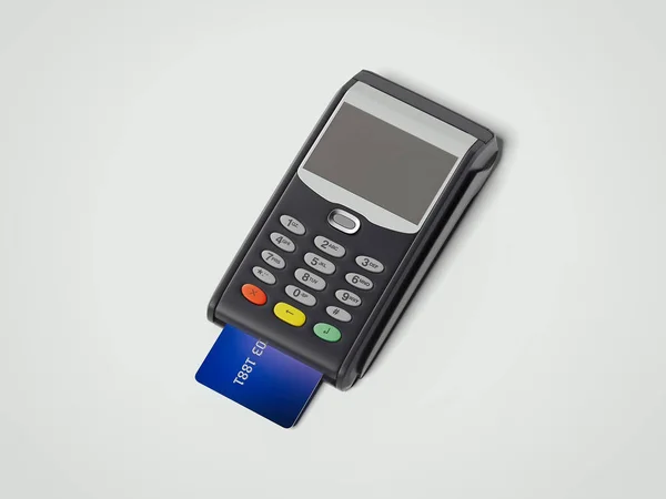 POS draagbare creditcard machine met credit card. 3D-rendering — Stockfoto