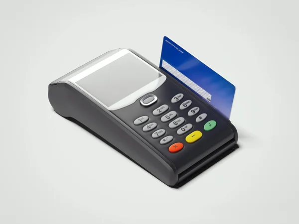 Pos tragbarer Kreditkartenautomat und Kreditkarte. 3D-Darstellung — Stockfoto