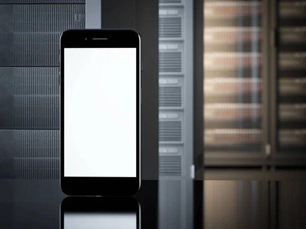 Smartphone v interiéru místnosti serverů. 3D vykreslování — Stock fotografie