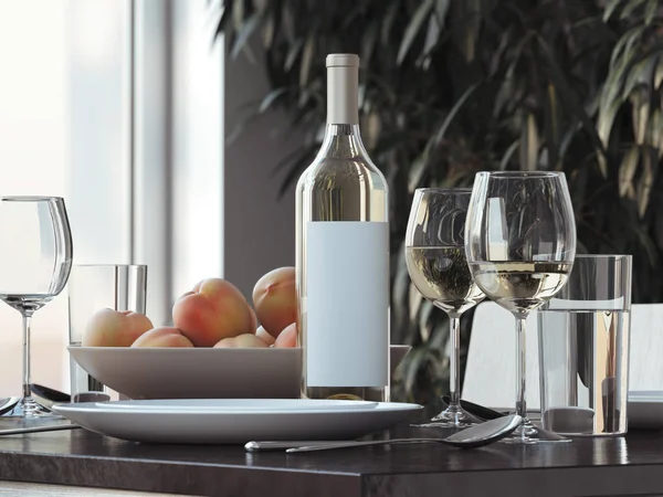 Apparecchiatura della tavola con vino bianco. rendering 3d — Foto Stock