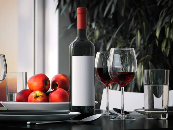 Mesa con vino tinto. renderizado 3d —  Fotos de Stock