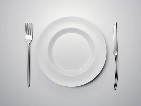 Empty plate with knife and fork. 3d rendering — Stock Photo, Image