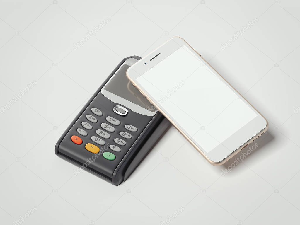 POS portable credit card machine with smartphone. 3d rendering