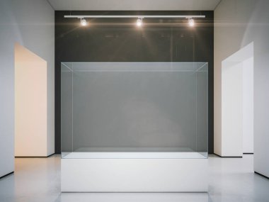 Modern Galerisi büyük boş vitrinde. 3D render